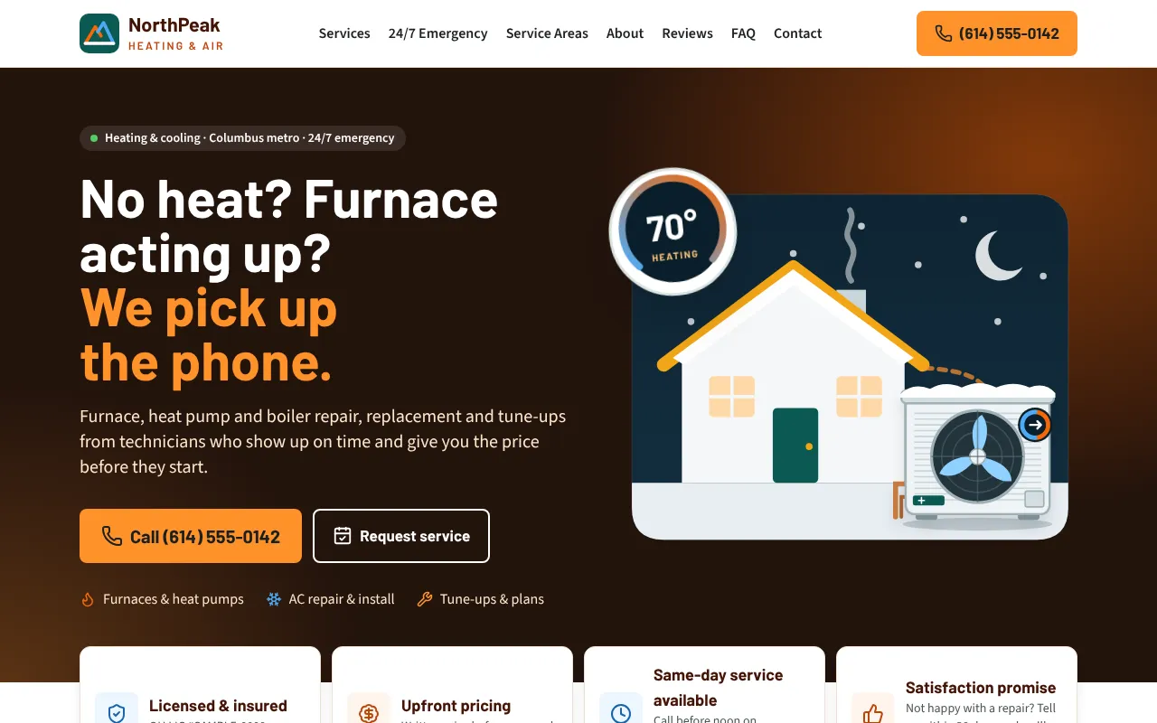 NorthPeak HVAC demo home page: “No heat? Furnace acting up? We pick up the phone.” with a winter house illustration